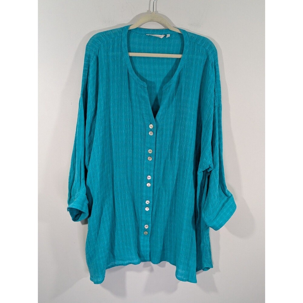 Soft Surroundings Women's 3X Blue Cotton Linen Tunic Top Button Down Textured